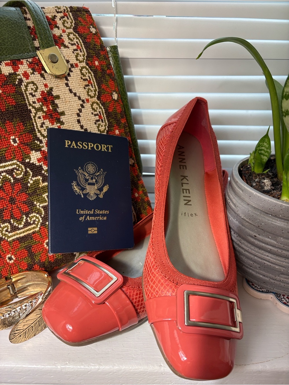 Anne Klein flats Coral-Red Ballet Flats with Buckle Detail